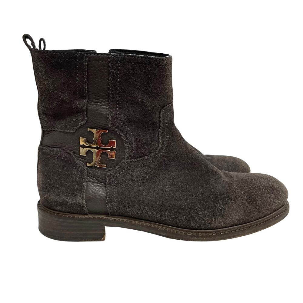 Tory Burch Alaina Brown Suede Side Zip Gold Logo Ankle Booties Womens 8